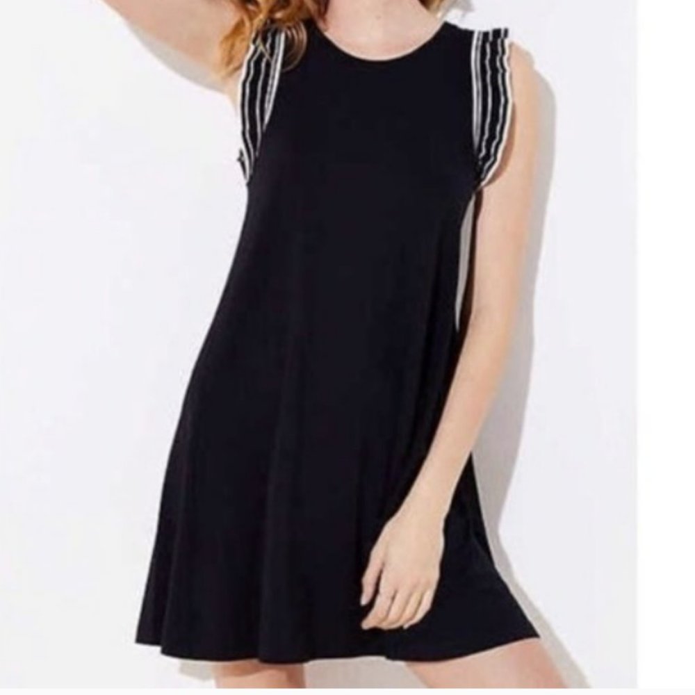 Loft Black Striped Ruffle Swing Dress, Size SP